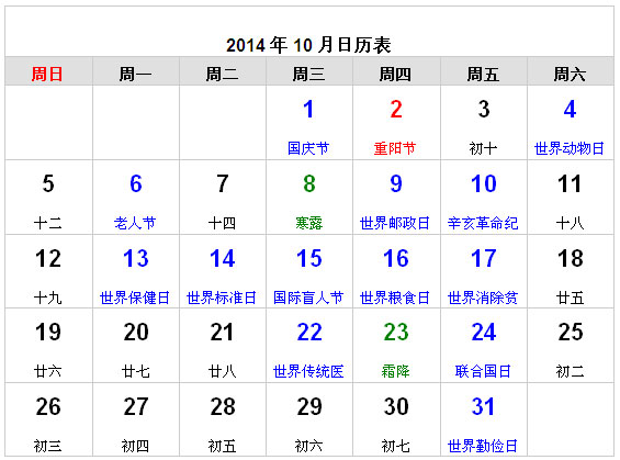 2014年10月日历表 - 日 2014年10月日历表 - 日