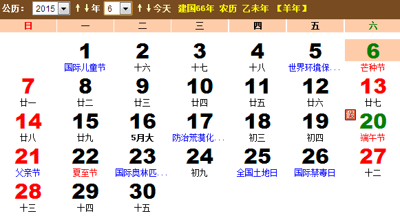 2015年6月份日历表 2015年6月日历_皮皮网 导语:6月是公历年中的第六个月,是小月,共有30天;阴历的六月是大月,共有30天。在北半球,6月是夏季的第二个月,6月份有什么特别的?12015年6月日历表上的农历和公历有什么不同?现在就与小编一起来看看吧。 2015年6月份日历表 2015年6月日历 2015年6月 农历乙未年【生肖:羊】 中华人民共和国成立66年 6月份的来历 罗马神话中的裘诺,是众神之王,又是管理生育和保护妇女的神。古罗马对她十分崇敬,便以她的拉丁文名字Junius来命名6月。 6月是什么星座 双子座:05-21~06-21 巨蟹