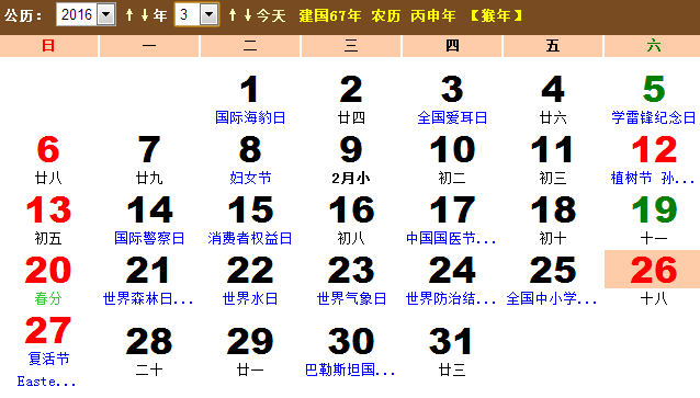 导语:2016年是个充满希望又特殊的年份,是农历丙申年猴年,为公历闰年,共366天,53周。农历无闰月,共355天。21世纪第2个10年,中华人民共和国成立67周年。为了使大家更加了解2016年,小编给大家到来了2016年日历表和2016年日历打印版,现在就与小编一起来看看吧。 温馨提示:此表为2016年全年日历表,含阴阳历、节日、二十四节气等。供大家查看。红色表示农历传统节日,绿色表示公众/国际节日,蓝色表示24节气日!