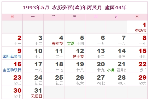 1993年5月日历表图片