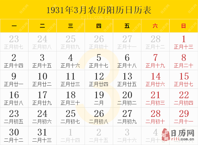 1931年日历表,1931年农历表(阴历阳历节日对照表)
