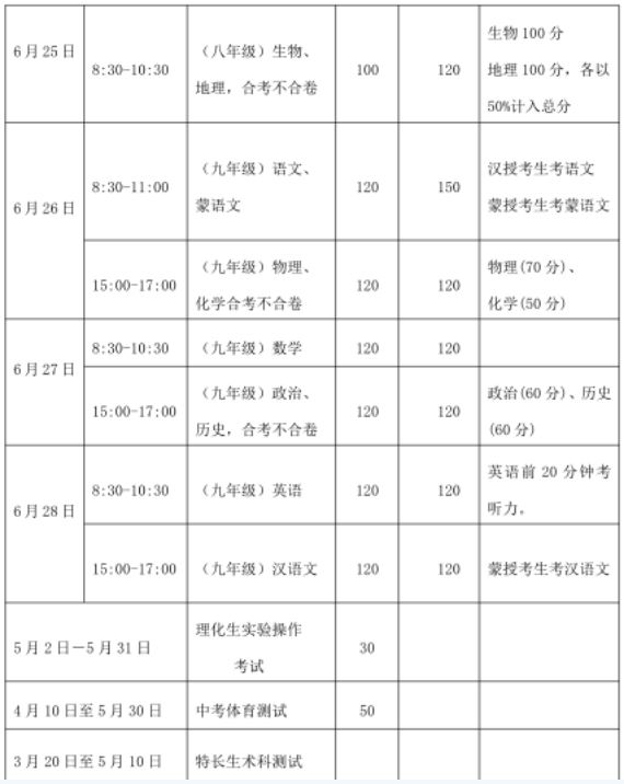内蒙古中考时间,2018年内蒙古中考时间安排