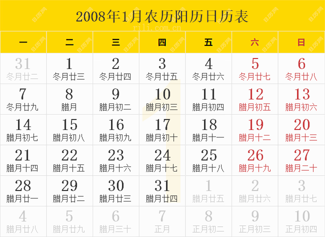 2008年1月农历阳历日历表